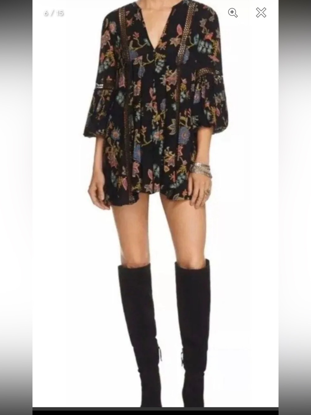 Free People Black Floral Embroidered Boho Top small just the two of us tunic